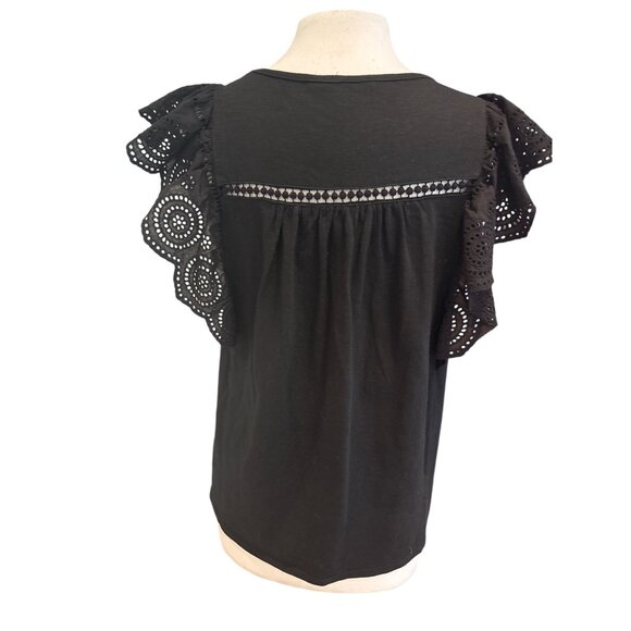 Black Doe & Rae Womens Eyelet Ruffle Sleeve Top M 100% Cotton - Picture 3 of 8